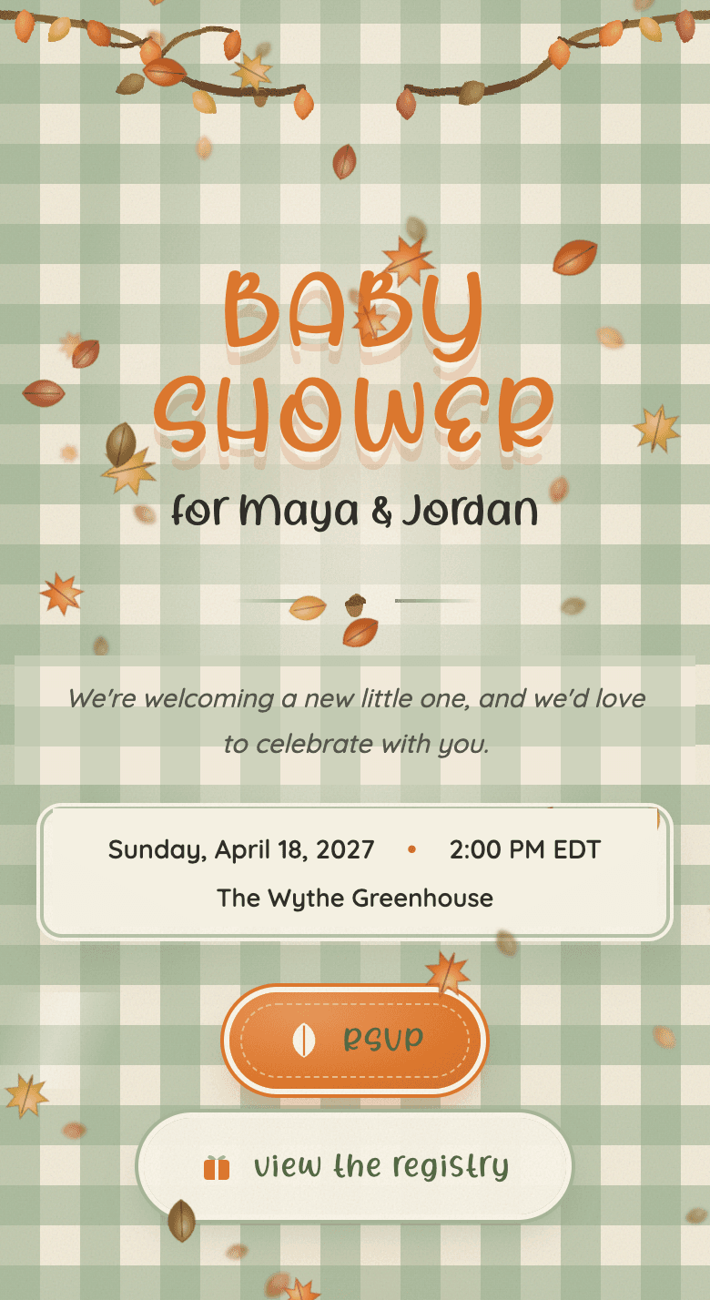 A baby shower website on a phone: the Little Pumpkin theme, with the date, the place, the RSVP and the registry