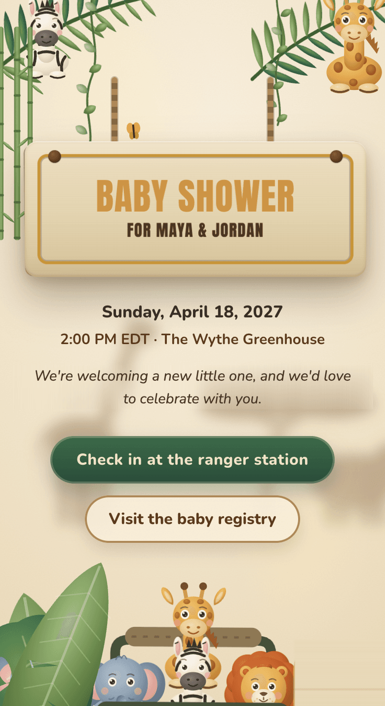 The Modern Safari baby shower website on a phone, with sample event details